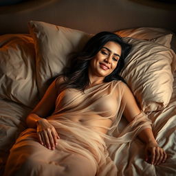 A beautiful hot single mom lying down on a luxurious bed, looking relaxed and satisfied after an intimate moment