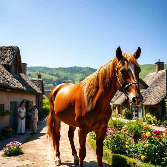 A majestic horse standing in a picturesque village setting, surrounded by charming cottages with thatched roofs and colorful flower gardens