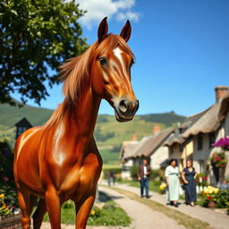A majestic horse standing in a picturesque village setting, surrounded by charming cottages with thatched roofs and colorful flower gardens