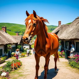 A majestic horse standing in a picturesque village setting, surrounded by charming cottages with thatched roofs and colorful flower gardens