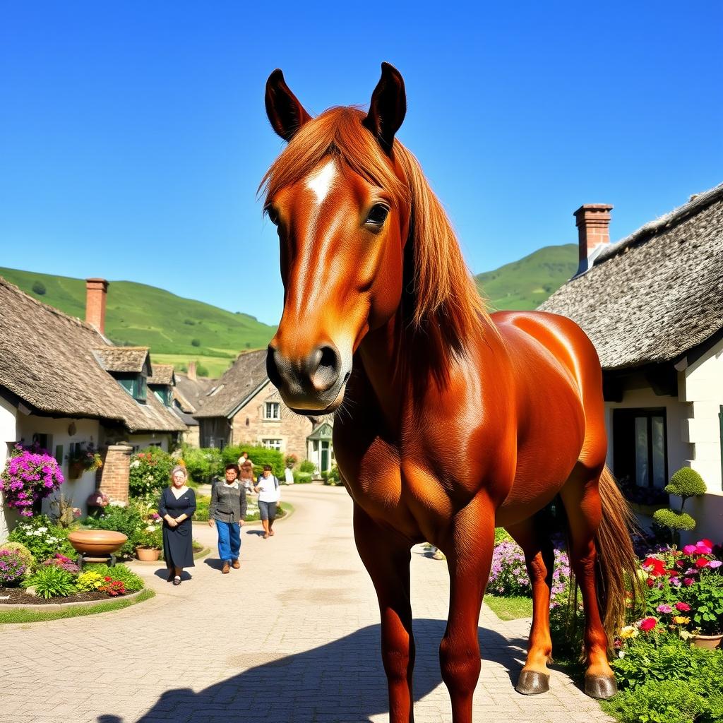 A majestic horse standing in a picturesque village setting, surrounded by charming cottages with thatched roofs and colorful flower gardens