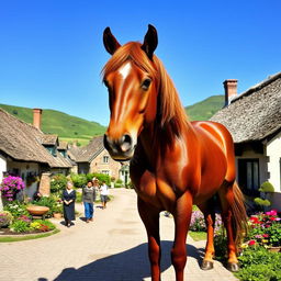 A majestic horse standing in a picturesque village setting, surrounded by charming cottages with thatched roofs and colorful flower gardens