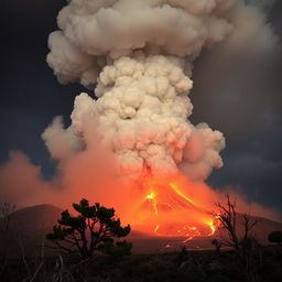 A dramatic scene of an erupting volcano, with a massive cloud of ash and smoke billowing into the sky, blanketing the surroundings in a thick layer of dust
