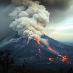 A dramatic scene of an erupting volcano, with a massive cloud of ash and smoke billowing into the sky, blanketing the surroundings in a thick layer of dust