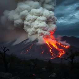 A dramatic scene of an erupting volcano, with a massive cloud of ash and smoke billowing into the sky, blanketing the surroundings in a thick layer of dust