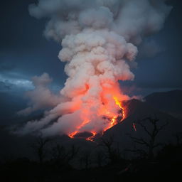 A dramatic scene of an erupting volcano, with a massive cloud of ash and smoke billowing into the sky, blanketing the surroundings in a thick layer of dust