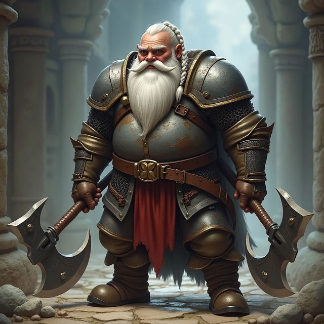 A fierce D&D style chubby paladin dwarf, clad in dirt-stained chainmail armor, standing confidently