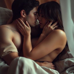 A sensual and artistic representation of intimacy between two adults, featuring muted colors and soft lighting to create a romantic atmosphere