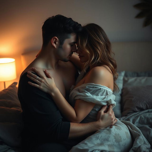 A sensual and artistic representation of intimacy between two adults, featuring muted colors and soft lighting to create a romantic atmosphere