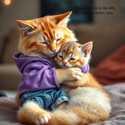 A heartwarming scene of a light golden mother cat gently patting her adorable kitten, who is wearing a tiny purple hoodie and denim pants