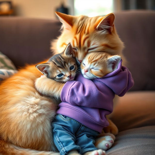 A heartwarming scene of a light golden mother cat gently patting her adorable kitten, who is wearing a tiny purple hoodie and denim pants