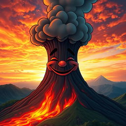 A vibrant and surreal image of a volcano with a face, featuring a closed, smiling mouth