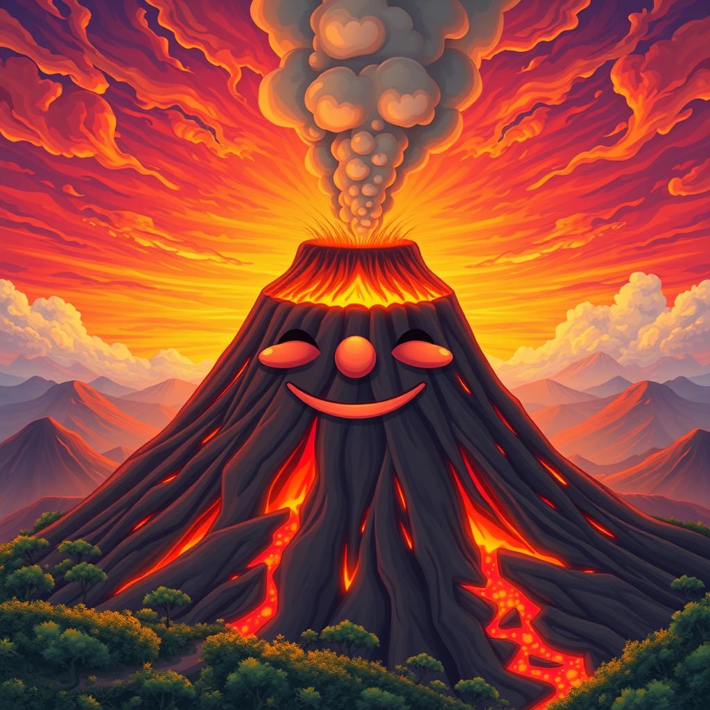 A vibrant and surreal image of a volcano with a face, featuring a closed, smiling mouth