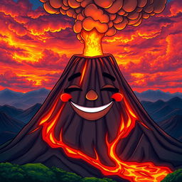 A vibrant and surreal image of a volcano with a face, featuring a closed, smiling mouth