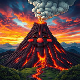 A vibrant and surreal image of a volcano with a face, featuring a closed, smiling mouth