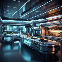 A highly advanced futuristic kitchen with sci-fi elements such as holographic appliances, sleek metallic surfaces, and innovative technology.