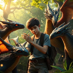 A 19-year-old boy gently petting one of several dragons surrounding him