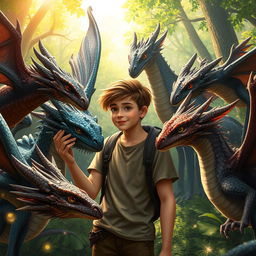 A 19-year-old boy gently petting one of several dragons surrounding him
