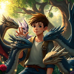 A 19-year-old boy gently petting one of several dragons surrounding him