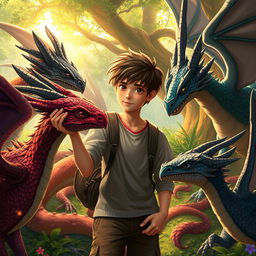 A 19-year-old boy gently petting one of several dragons surrounding him