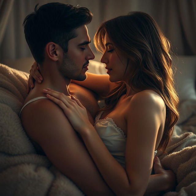 A sensual and artistic portrayal of intimacy between two adults, emphasizing the chemistry and connection between them