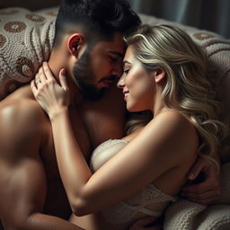 A sensual and artistic portrayal of intimacy between two adults, emphasizing the chemistry and connection between them