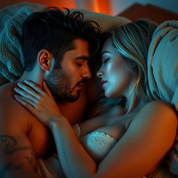 A sensual and artistic portrayal of intimacy between two adults, emphasizing the chemistry and connection between them