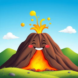 A cheerful animated volcano with a smiling face and closed mouth, erupting with vibrant lava and colorful smoke against a bright blue sky