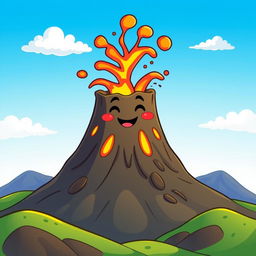 A cheerful animated volcano with a smiling face and closed mouth, erupting with vibrant lava and colorful smoke against a bright blue sky