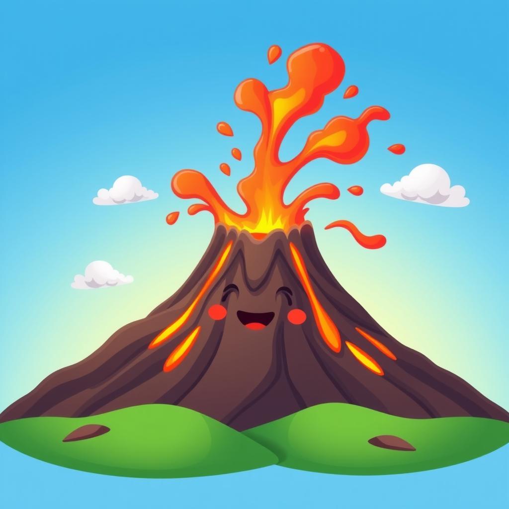 A cheerful animated volcano with a smiling face and closed mouth, erupting with vibrant lava and colorful smoke against a bright blue sky