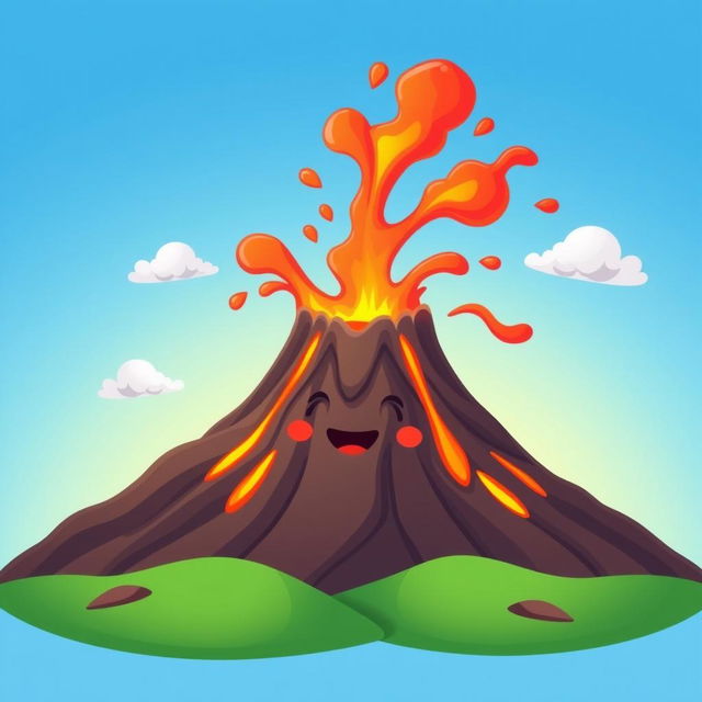 A cheerful animated volcano with a smiling face and closed mouth, erupting with vibrant lava and colorful smoke against a bright blue sky