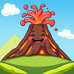 A cheerful animated volcano with a smiling face and closed mouth, erupting with vibrant lava and colorful smoke against a bright blue sky