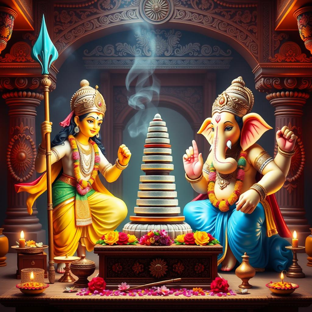 A vibrant and colorful depiction of Lord Murugan and Lord Ganesha performing pooja (ritual worship) for a Shiva Linga