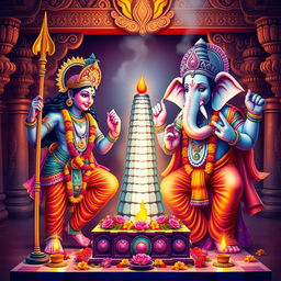 A vibrant and colorful depiction of Lord Murugan and Lord Ganesha performing pooja (ritual worship) for a Shiva Linga