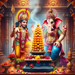 A vibrant and colorful depiction of Lord Murugan and Lord Ganesha performing pooja (ritual worship) for a Shiva Linga