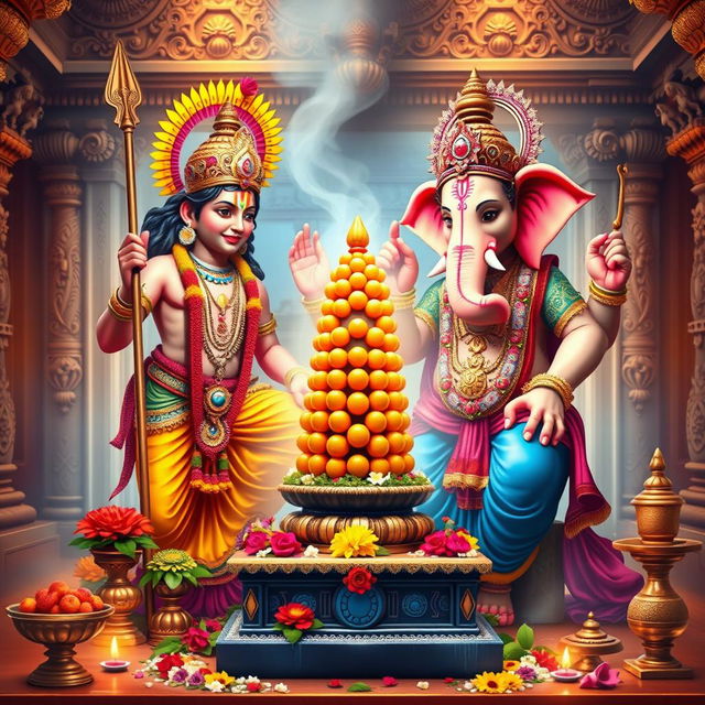 A vibrant and colorful depiction of Lord Murugan and Lord Ganesha performing pooja (ritual worship) for a Shiva Linga