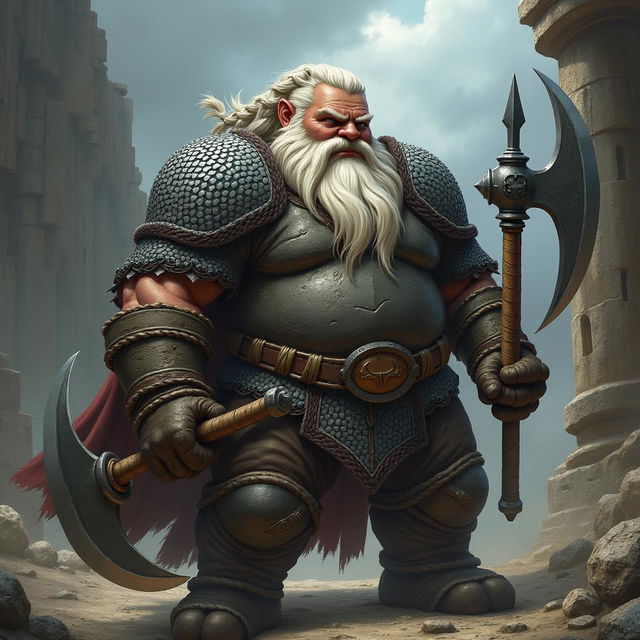 A fierce D&D style chubby paladin dwarf, wearing rugged dirt-stained chainmail armor that emphasizes his battle-ready spirit