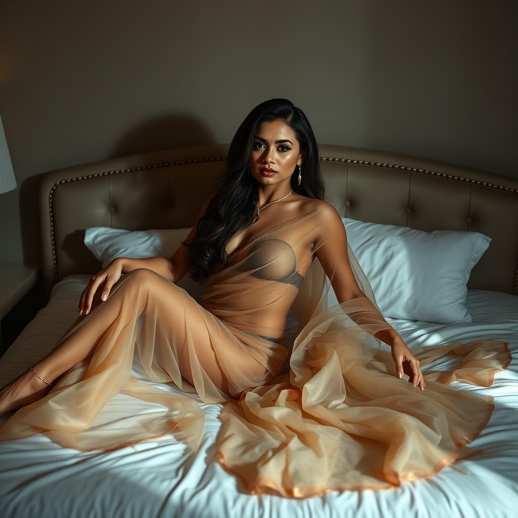 A sensual scene featuring a hot single mom in a stylish saree that is semi-transparent, lounging on a luxurious bed