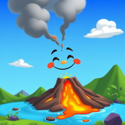 An animated volcano with a cheerful expression, featuring a face and a closed mouth forming a smile