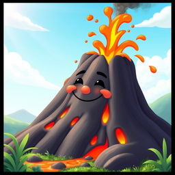 An animated volcano with a cheerful expression, featuring a face and a closed mouth forming a smile