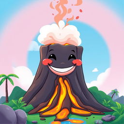 An animated volcano with a cheerful expression, featuring a face and a closed mouth forming a smile