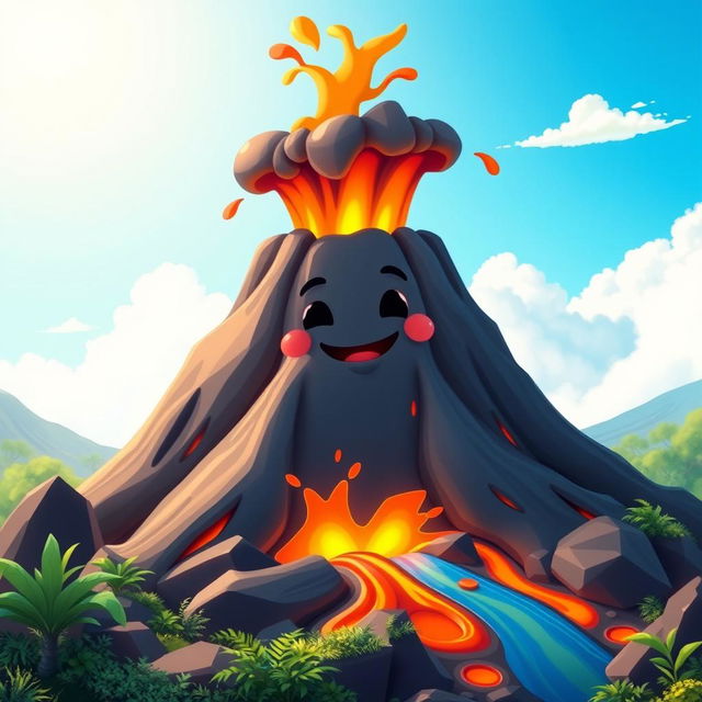 An animated volcano with a cheerful expression, featuring a face and a closed mouth forming a smile