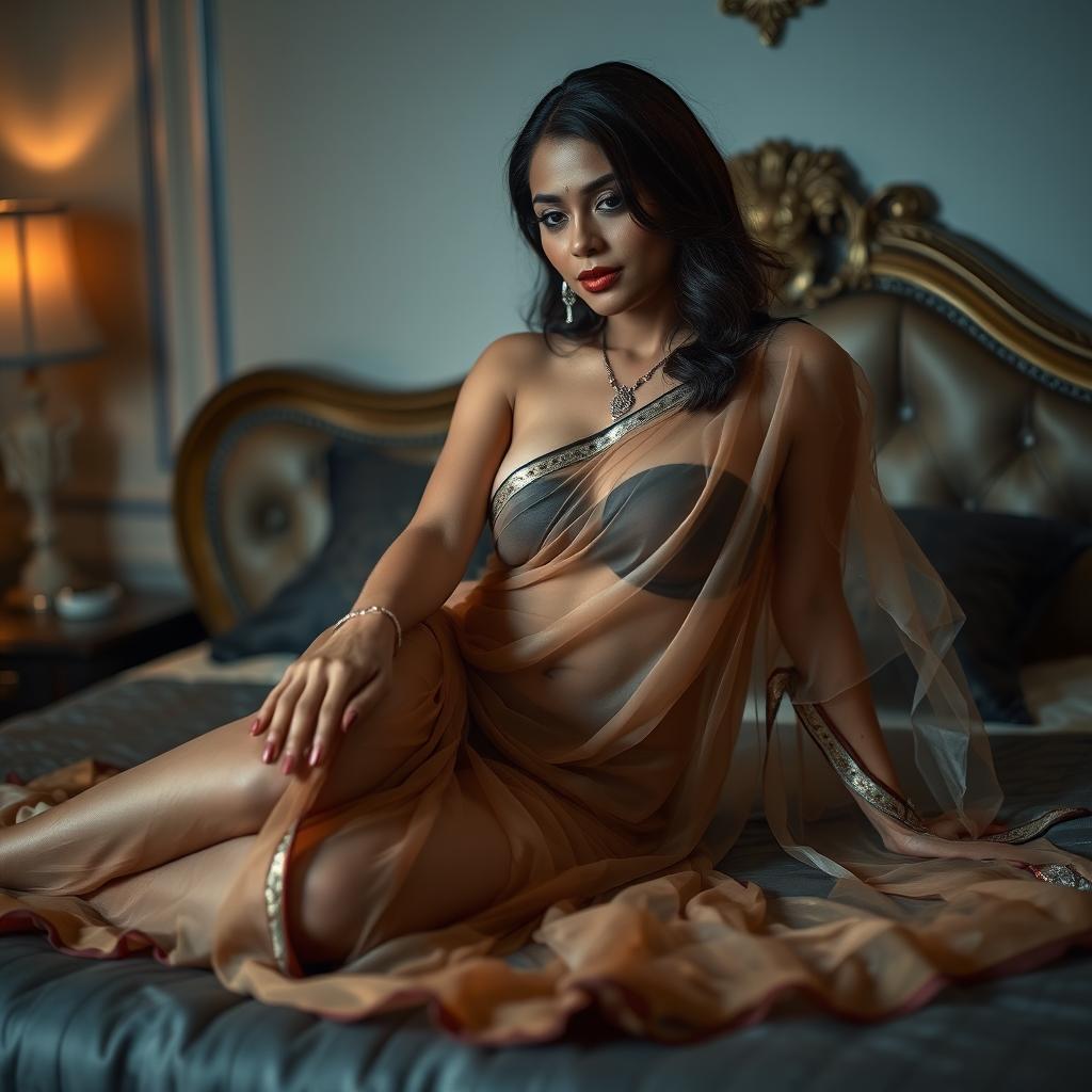 A seductive scene showcasing a hot single mom in an elegant, semi-transparent saree, lying on a lavish bed