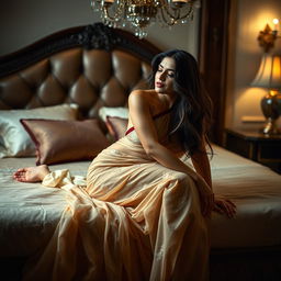 A seductive scene showcasing a hot single mom in an elegant, semi-transparent saree, lying on a lavish bed