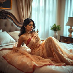 A seductive scene showcasing a hot single mom in an elegant, semi-transparent saree, lying on a lavish bed