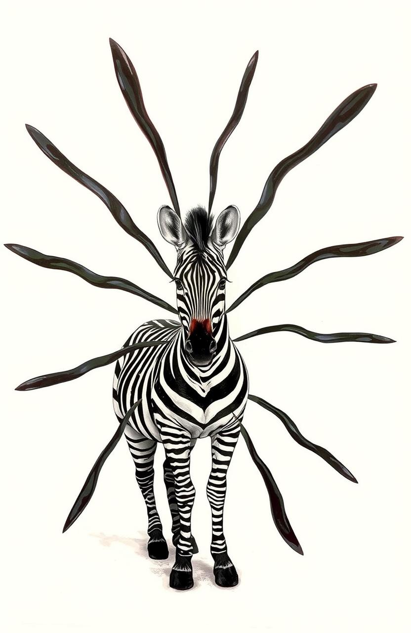 A surreal drawing of a zebra with its black stripes creatively separated from its body, spreading out in all directions