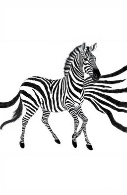 A surreal drawing of a zebra with its black stripes creatively separated from its body, spreading out in all directions