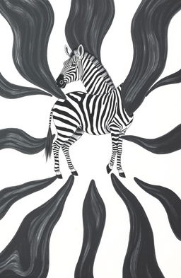 A surreal drawing of a zebra with its black stripes creatively separated from its body, spreading out in all directions
