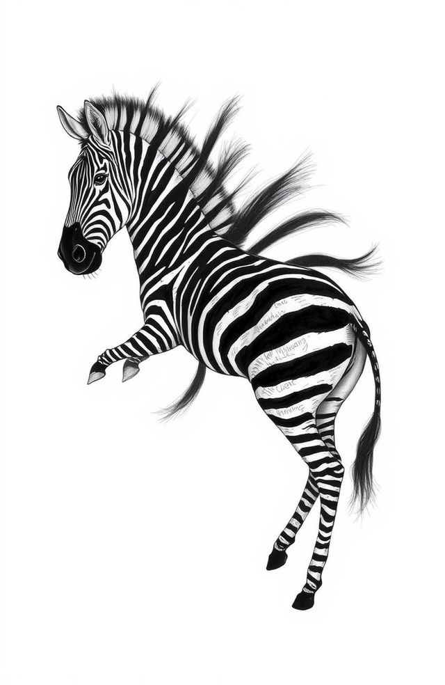 A surreal drawing of a zebra with its black stripes creatively separated from its body, spreading out in all directions