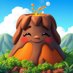 A cartoon-style animated volcano with a face, its mouth closed and teeth not visible
